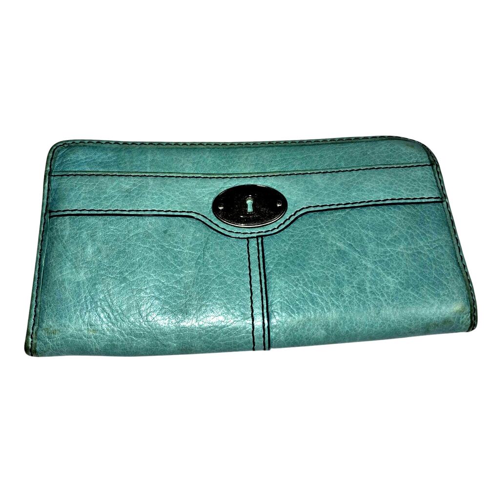 Vintage Fossil Maddox Women's Green Textured Leather Zip Around Clutch Wallet - Picture 2 of 7